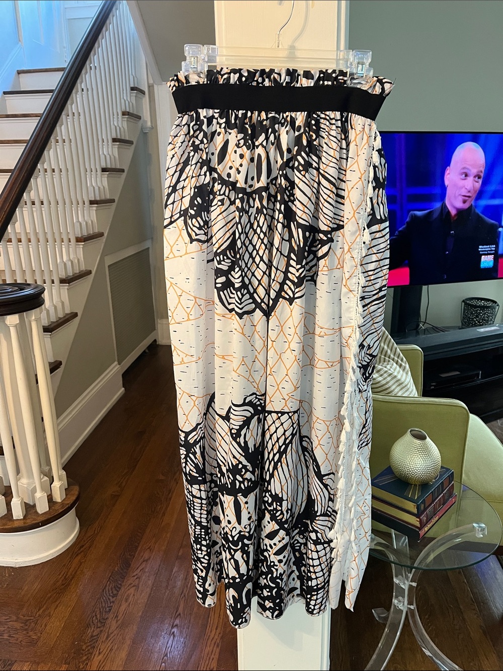 NWOT Black and White Printed Maxi Skirt with Yellow Accents